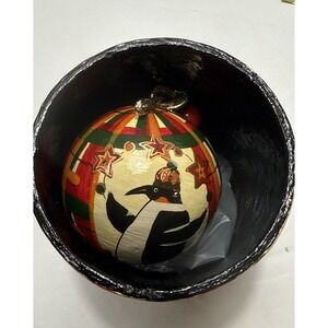 Vtg Hand Painted Christmas Penguin Ball Ornament 3" & Wood Box-Made In India